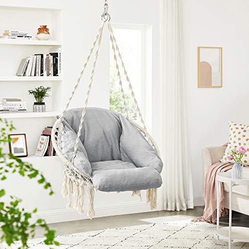 Hanging Swing Chair with Thick Cushion, Holds up to 120 kg, for Garden, Balcony, Living Room, Patio, Scandinavian Style, Modern, Beige-Grey