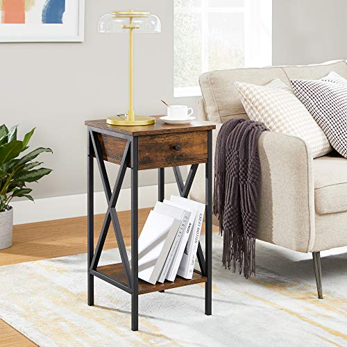 Nightstand, End Table, Tall Bedside Table with Drawer and Storage Shelf, Industrial, Rustic Brown and Black