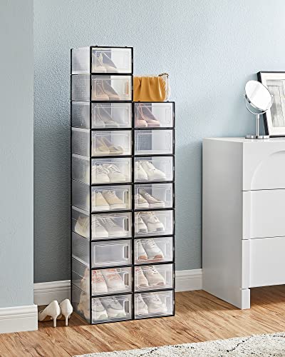 Shoe Boxes, Pack of 18 Stackable Shoe Storage Organisers, Foldable and Versatile for Sneakers, Fit up to UK Size 10.5, Transparent and Black