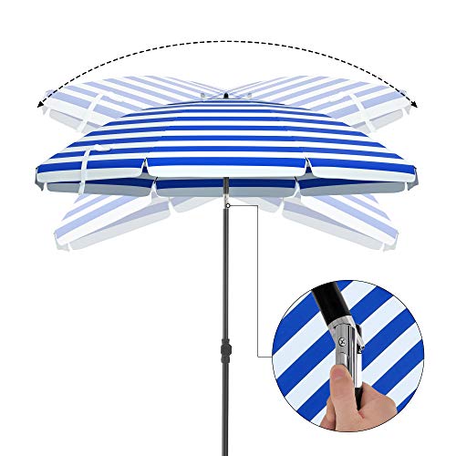 2 m Parasol, Beach Umbrella, Sun Protection with UPF 50+, Portable Octagonal Canopy, Tilt Mechanism, Air Vent, Carry Bag, for Beach, Gardens, Balcony, Pool, Blue and White Stripes