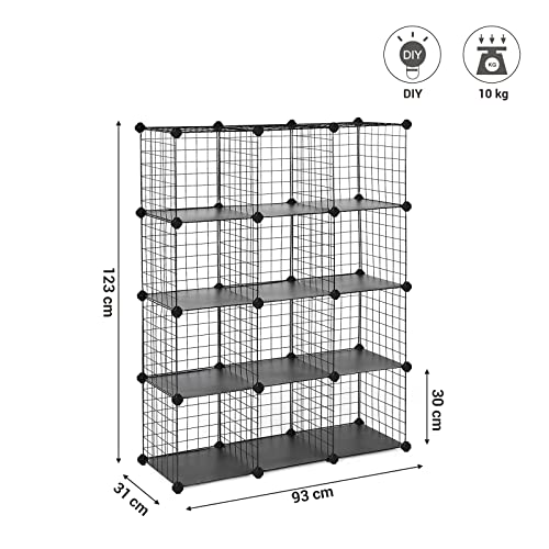 12 Cubes Wire Grid Storage Rack, Interlocking Shelving Unit with Metal Mesh Shelves and PP Plastic Sheets, for Books Shoes Toys Clothes Tools, in Living Room Bathroom, Black