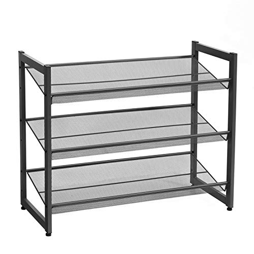 3-Tier Shoe Rack Storage, Steel Mesh, Flat or Angled Stackable Shoe Shelf Stand for 9 to 12 Pairs of Shoes, Black