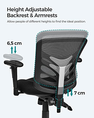 Office Chair, Ergonomic Swivel Chair, Mesh Desk, Adjustable Chair Height, Backrest, 3 Adjustment Levers, Lumbar Support and Adjustable Armrest, Made of PU