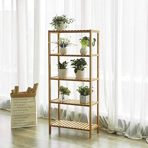 Bathroom Kitchen Storage Bamboo 5 Shelves Adjustable Floor Height Flower Stand Book Shelf natural, 60 x 26 x 130 cm