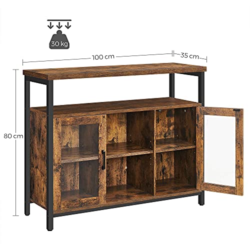 Sideboard, Buffet Table with 2 Transparent Glass Doors, TV Cabinet, with Adjustable Shelves, for Dining Room, 100 x 35 x 80 cm, Industrial Style, Rustic Brown and Black