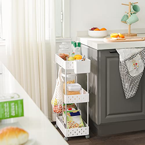 3-Tier Storage Trolley, Rolling Cart with Wheels, Bathroom Shelf with 6 Removable Hooks, 1 Tray, 1 Container, for Kitchen, Living Room, 38 x 22 x 72 cm, White