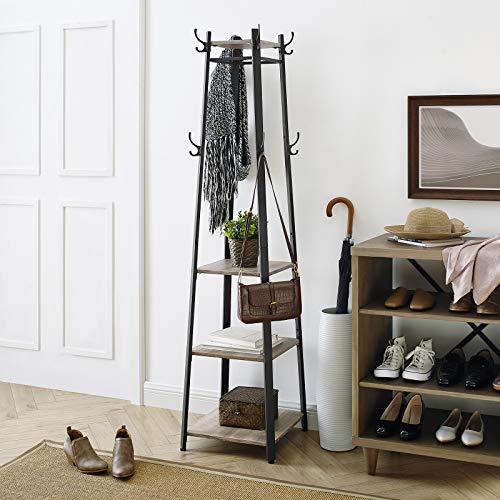 Coat Rack, Coat Stand with 3 Shelves, Ladder Shelf with Hooks for Scarves, Bags and Umbrellas, Steel Frame, Industrial Style, Greige and Black