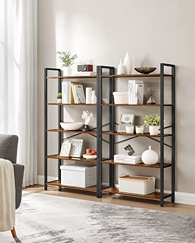 OKPET  5-Tier Storage Rack, Bookshelf with Steel Frame, for Living Room, Office, Study, Hallway, Industrial Style, Rustic Brown and Black