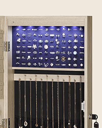 Hanging Jewellery Cabinet Lockable Mirror Cabinet with Mirror and Multiple Compartments, Wall Mounted On the Door for Necklaces, Earrings, Oak