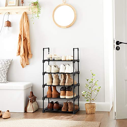 5-Tier Shoe Rack, Metal Shoe Storage Organiser, Stackable Storage Rack, Space-Saving, Freestanding Shelf, for Hallway, Bedroom, Living Room, Black