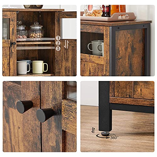 Sideboard, Buffet Table, Storage Cabinet with Glass Doors, Dining Room, Living Room, Hallway, Kitchen, Steel Frame, Industrial Style, Rustic Brown and Black