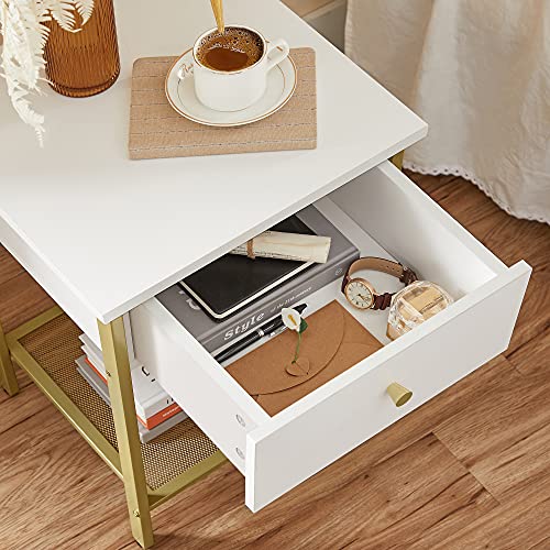 Bedside Table with Drawer and Mesh Shelf for Bedroom Living Room Modern White Gold