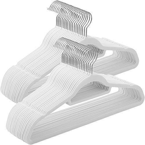 Velvet Hangers, 50 Pack, Non-Slip Clothes Hangers, 0.6 cm Thickness, Space Saving, 360° Swivel Hooks, 43.5 cm Long, for Coat, Jacket, Shirt, Dress, Trousers, White