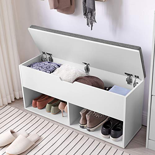 Shoe Bench, Storage Bench with 2 Open and 1 Closed Compartments, Shoe Shelf, Padded Seat, for Entrance Corridor Bedroom, 100 x 30 x 48 cm, White