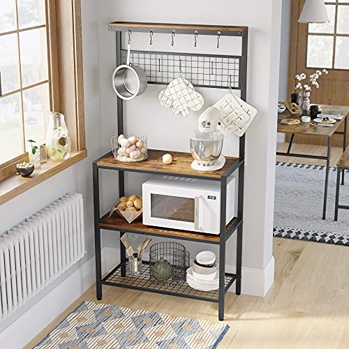 Industrial Kitchen Baker's Rack, Kitchen Unit with Storage Shelves, 10 Hooks and Metal Mesh Shelf, Microwave Oven Utensils Shelf, 84 x 40 x 170 cm, Rustic Brown