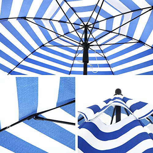 2 m Parasol, Beach Umbrella, Sun Protection with UPF 50+, Portable Octagonal Canopy, Tilt Mechanism, Air Vent, Carry Bag, for Beach, Gardens, Balcony, Pool, Blue and White Stripes