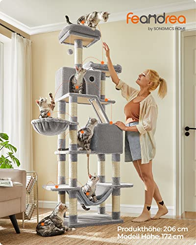 Cat Tree, 206 cm Large Cat Tower with 13 Scratching Posts, 1 Scratching Ramp, 2 Perches, 2 Caves, Basket, Hammock, Pompoms, Multi-Level Plush Cat Condo for Indoor Cats, Light Grey