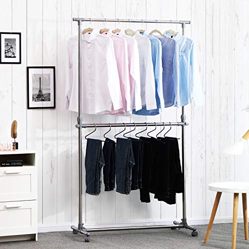 Adjustable Garment Rack Clothes Hanging Rail Stand with Middle Rail - Stainless Steel Clad Pipe