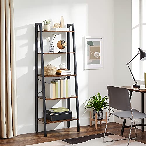 Ladder Shelf, 5-Tier Industrial Bookcase, Storage Unit, with Metal Frame, for Living Room, Kitchen, Rustic Brown