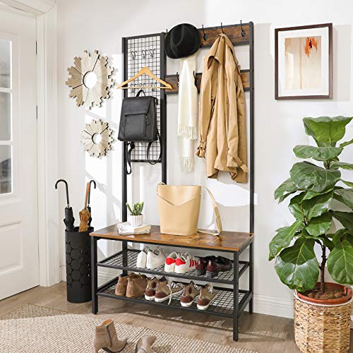 Coat Rack, Coat Stand with Grid Wall, Shoe Rack, Hall Tree, 2 Mesh Shelves, Hooks, 185 cm Tall, Lots of Storage Space, Easy to Assemble, Industrial Style, Rustic Brown