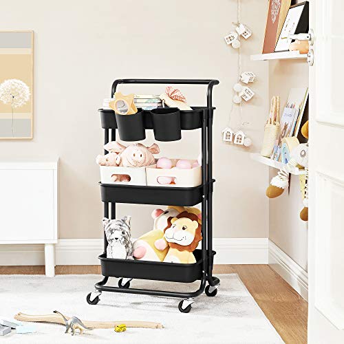 Rolling Cart, 3-Tier Storage Cart, Storage Trolley with Handle 2 Small Organisers, Steel Frame, Plastic Baskets, Utility Cart, Easy Assembly, for Bathroom Laundry Room, Black