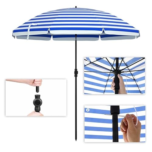 1.6 m Parasol, Beach Umbrella, Sun Protection with UPF 50+, Portable Octagonal Canopy, Tilt Mechanism, Air Vent, Carry Bag, for Beach, Gardens, Balcony, Pool, Blue and White Stripes