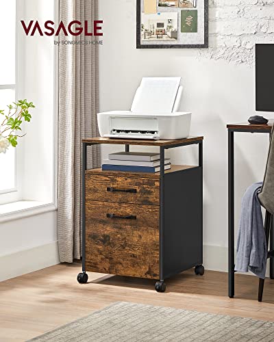 File Cabinet with 2 Drawers, Rolling Office Filing Cabinet with Wheels, Open Compartment, Steel Frame, Industrial Style, Rustic Brown and Black