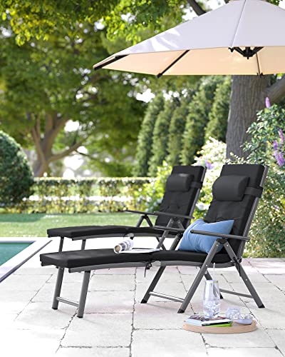 Foldable Sun Lounger, Sunbed with 6 cm Mattress, Removable Headrest, Rustproof Aluminium, Breathable, Comfortable, Reclinable, Max. Load Capacity 150 kg, Black