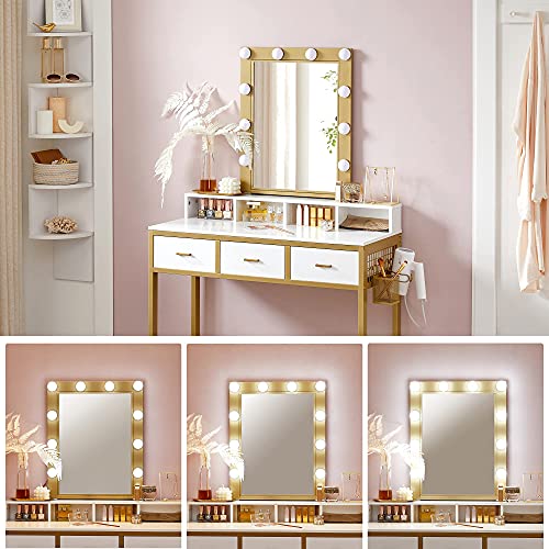 Dressing Table with Stool Vanity Table 10 LED Bulbs Mirror Adjustable Brightness Modern Bedroom Dressing Room White Gold