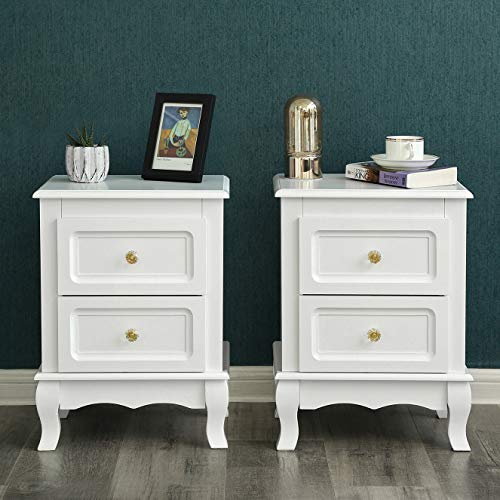 2 Bedside Tables, Beside Cabinet with 2 Drawers, Wooden Night Stands with Solid Pine Wood Legs, Spacious Storage, White