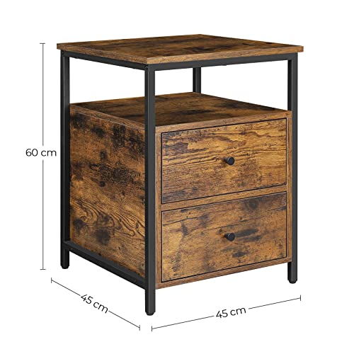 Nightstand, Bedside Table, Side Table, 45 x 45 x 60 cm, Open Shelf, 2 Drawers, for Living Room, Bedroom, Industrial, Rustic Brown and Black