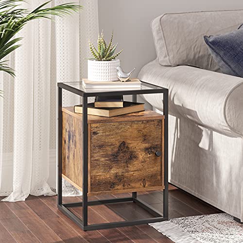 Nightstand, Bedside Cabinet, Glass Side Table with Cupboard, End Table, for Bedroom, Living Room, Hall, Stable Tempered Glass, Easy Assembly, Industrial Design, Rustic Brown