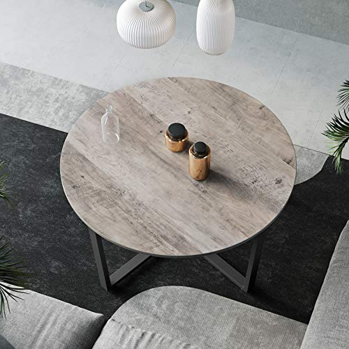 Round Coffee Table, Industrial Style Cocktail Table, Durable Metal Frame, Easy To Assemble, for Living Room, Bedroom, Greige and Black