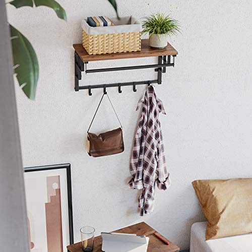 Coat Rack Wall-Mounted, Coat Hook with 5 Hooks and Hanging Rail, for Entryway, Hallway, Bedroom, Bathroom, Living Room, Hazelnut Brown and Black