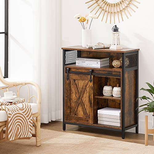 Storage Cabinet, Cupboard with Sliding Barn Door, Open Compartment, Adjustable Shelf, Industrial, for Hallway, Living Room, Kitchen, Study, Rustic Brown and Black