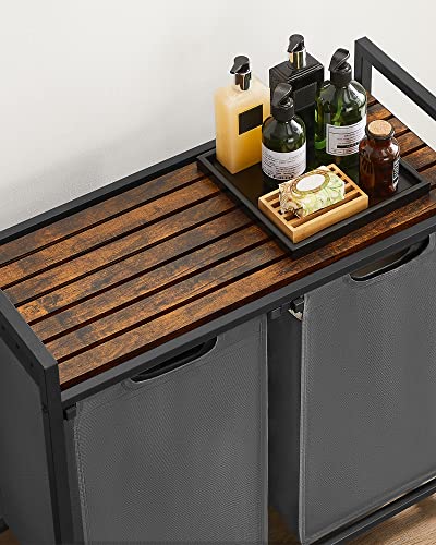 Laundry Basket, 2-Compartment Laundry Hamper, Oxford Fabric, Pull-Out and Removable Washing Bags, Metal Frame, 2 x 46L, 73 x 33 x 72 cm, Rustic Brown and Grey