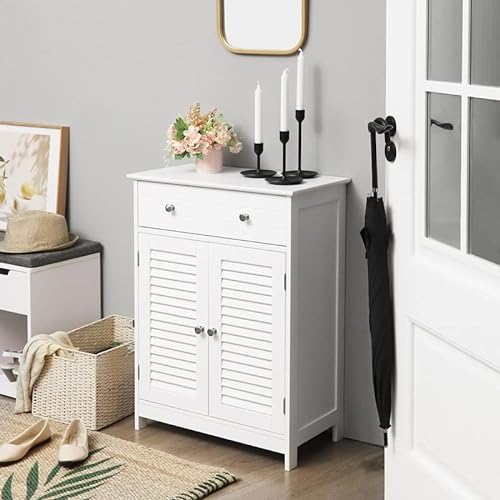 Bathroom Floor Cabinet, Storage Organiser Unit, 60 x 30 x 80 cm, Cupboard with 2 Louvred Doors, Drawer, Adjustable Shelf, Scandinavian Nordic Style, Matte White