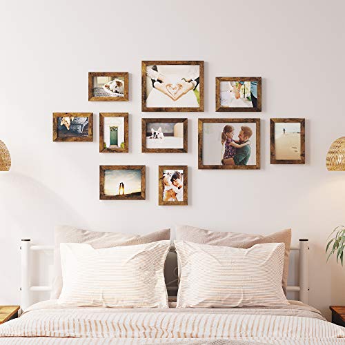 Set of 10 Picture Frames, Two 20 x 25 cm (8 x 10 Inches), Four 13 x 18 cm (5 x 7 Inches), Four 10 x 15 cm (4 x 6 Inches), Plastic Front, MDF, Rustic Brown