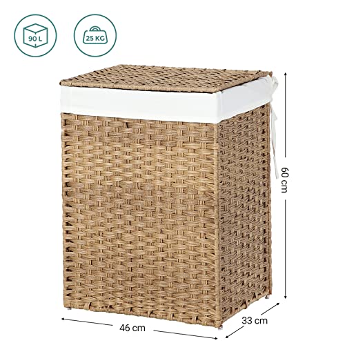 Handwoven Laundry Basket, 90L Synthetic Rattan Clothes Hamper with Lid and Handles, Foldable, Removable Liner Bag, Natural