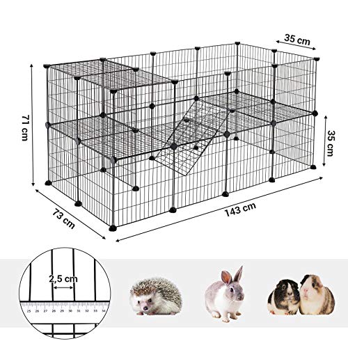 2-Floor Metal Pet Playpen, 36 Grid Panels, Customisable Cage Enclosure for Small Animals, Guinea Pigs Hamster Runs, Rabbit Hutches, Includes Mallet, Indoor Use, 143 x 73 x 71 cm, Black