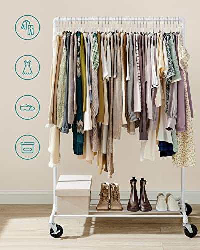 Clothes Rail, Clothes Rack on Wheels, Heavy-Duty Clothing Rail, Holds 90 kg, Industrial Design, Coat Stand with 1 Hanging Rail and Shelf, for Bedroom Laundry Room, White