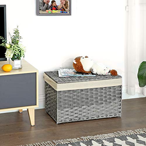 Rattan-Style Storage Box, Indoor Storage Basket, 65L Landry Hamper, Decorative Bin with Lid Liner Handles, Storage Trunk, Grey