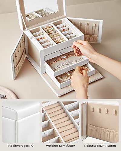 Jewellery Box, Jewellery Organiser 4 Levels, Lockable Jewellery Storage Case with Trays, Velvet Lining, White