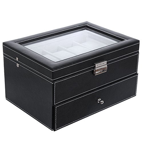 Watch Box with 20 Slots, Large Watch Storage Display Case with Glass Lid, PU Cover, Velvet Lining, Great Gift for Loved Ones, Black