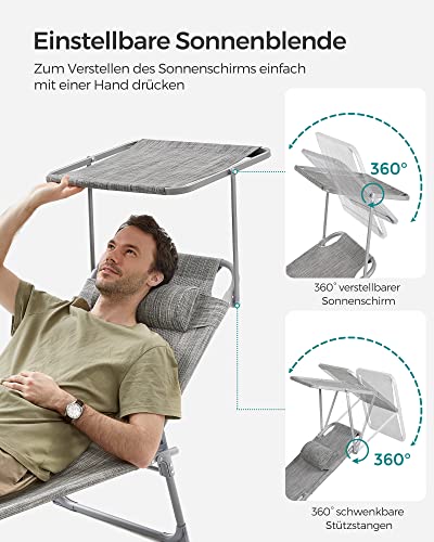 Sun Lounger, Sunbed, Reclining Sun Chair, with Headrest, Adjustable Backrest, Sunshade, Lightweight, Foldable, 53 x 193 x 29.5 cm, Load Capacity 150 kg, for Garden, Greige