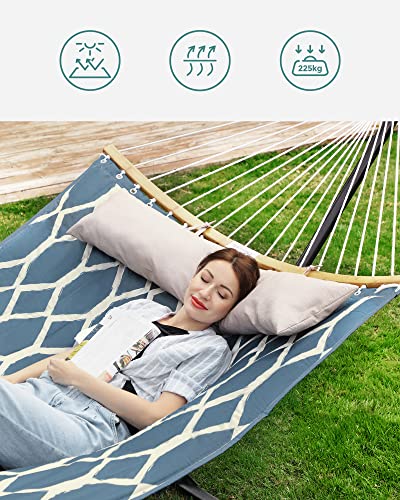 Hammock, Quilted Fabric Hammock with Detachable Curved Bamboo Spreaders, Pillow, 200 x 140 cm, Load Capacity 225 kg, Blue and Beige Rhombus