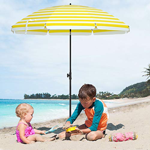 2 m Parasol, Beach Umbrella, Sun Protection with UPF 50+, Portable Octagonal Canopy, Tilt Mechanism, Air Vent, Carry Bag, for Beach, Gardens, Balcony, Pool, Yellow and White Stripes