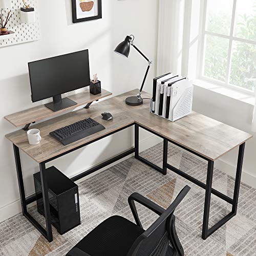 Computer Desk, L-Shaped Writing Workstation, Industrial Corner Desk With Monitor Stand, for Home Office Study Writing and Gaming, Space Saving, Easy Assembly, Greige and Black