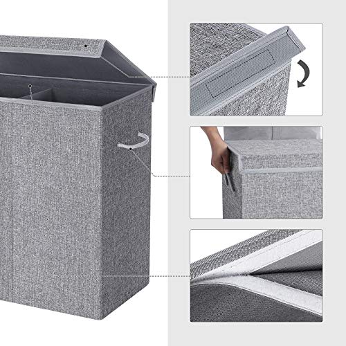 142L Laundry Hamper, Linenette Fabric Laundry Basket, Divided Clothes Hamper with Magnetic Lid and Handles, Foldable, Removable Liner Bag, Grey