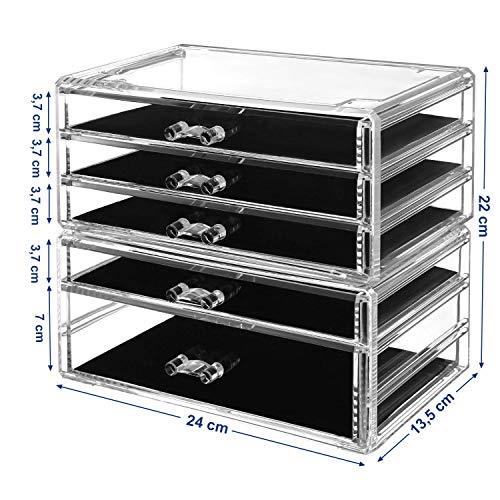 Makeup Organiser, 2-Piece Storage Boxes for Jewellery and Cosmetics, Stackable, with 5 Drawers, Transparent Polystyrene